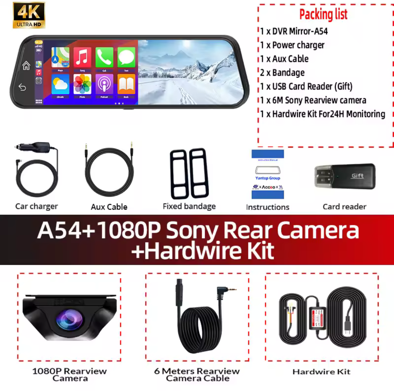 CarPlay Dashcam Rear View Mirror